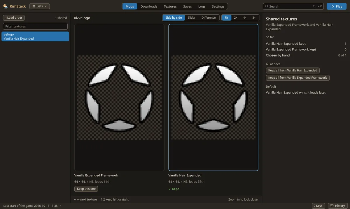 The texture comparison: the shared texture list on the left, both versions side by side, Keep this one under each