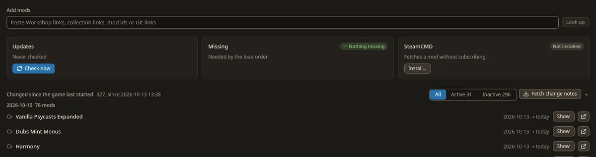 The Downloads screen: the Add mods field, cards for Updates, Missing and SteamCMD, and the mods changed since the game last started