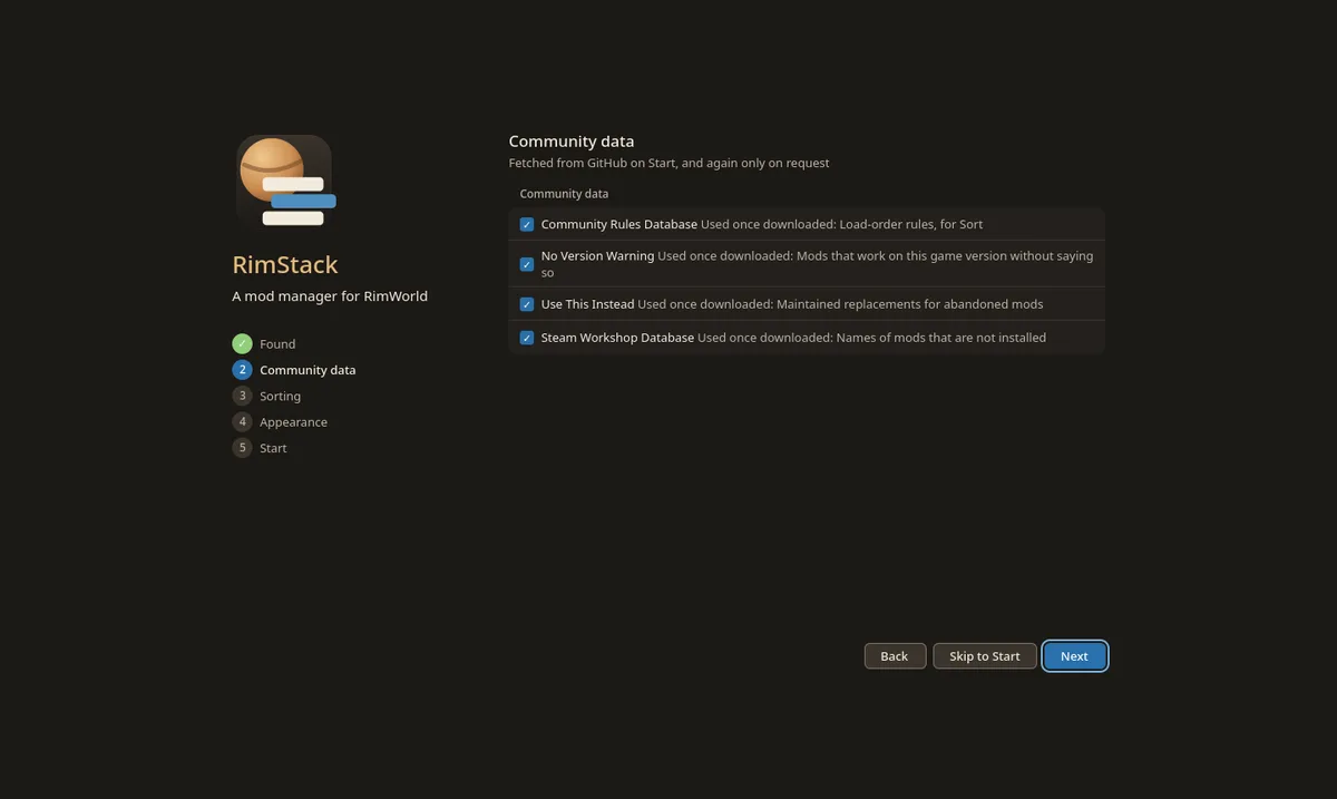 First run, Community data step: four community databases, each with a checkbox