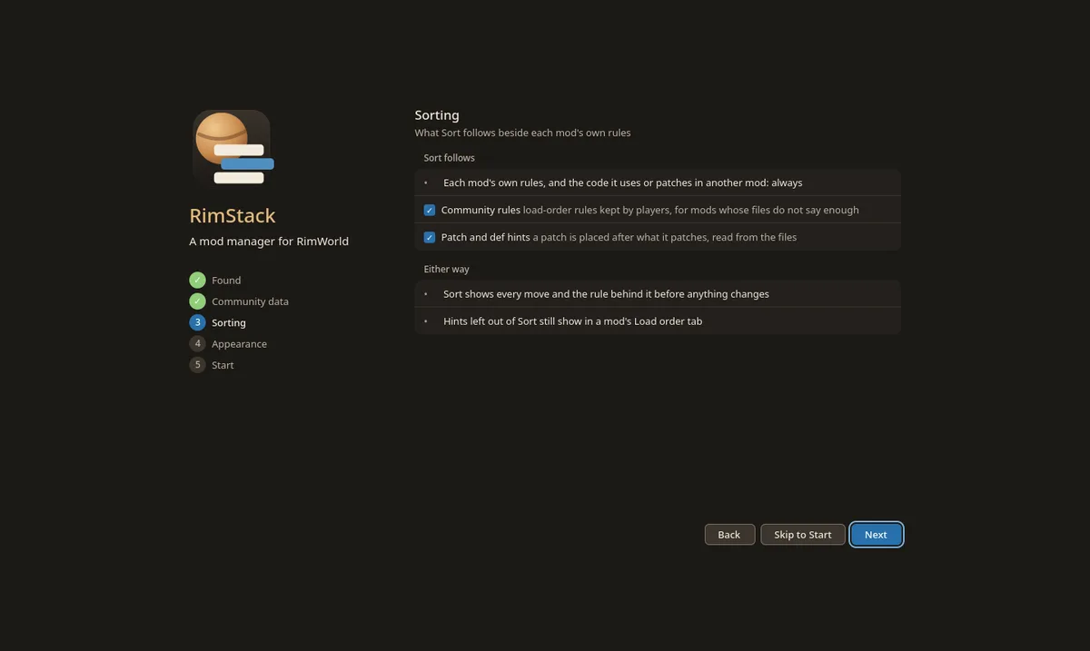 First run, Sorting step: each mod's own rules always, community rules, patch and def hints
