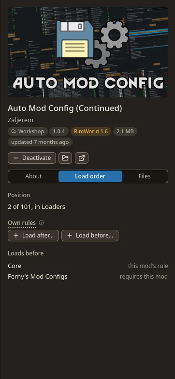 The Load order tab: position 2 of 101 in Loaders, Load after and Load before buttons, and what it loads before