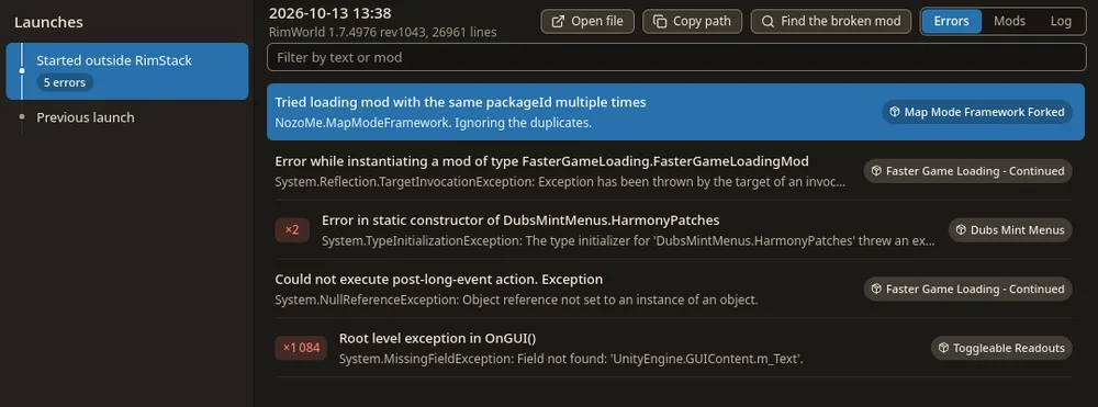 The Errors view: five distinct errors, each with how often it was logged and the mod it points at