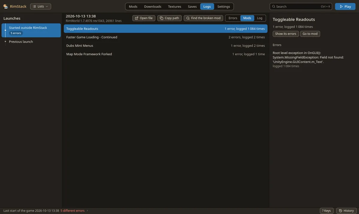 The Mods view of Logs: four mods with the number of errors each and how often they were logged