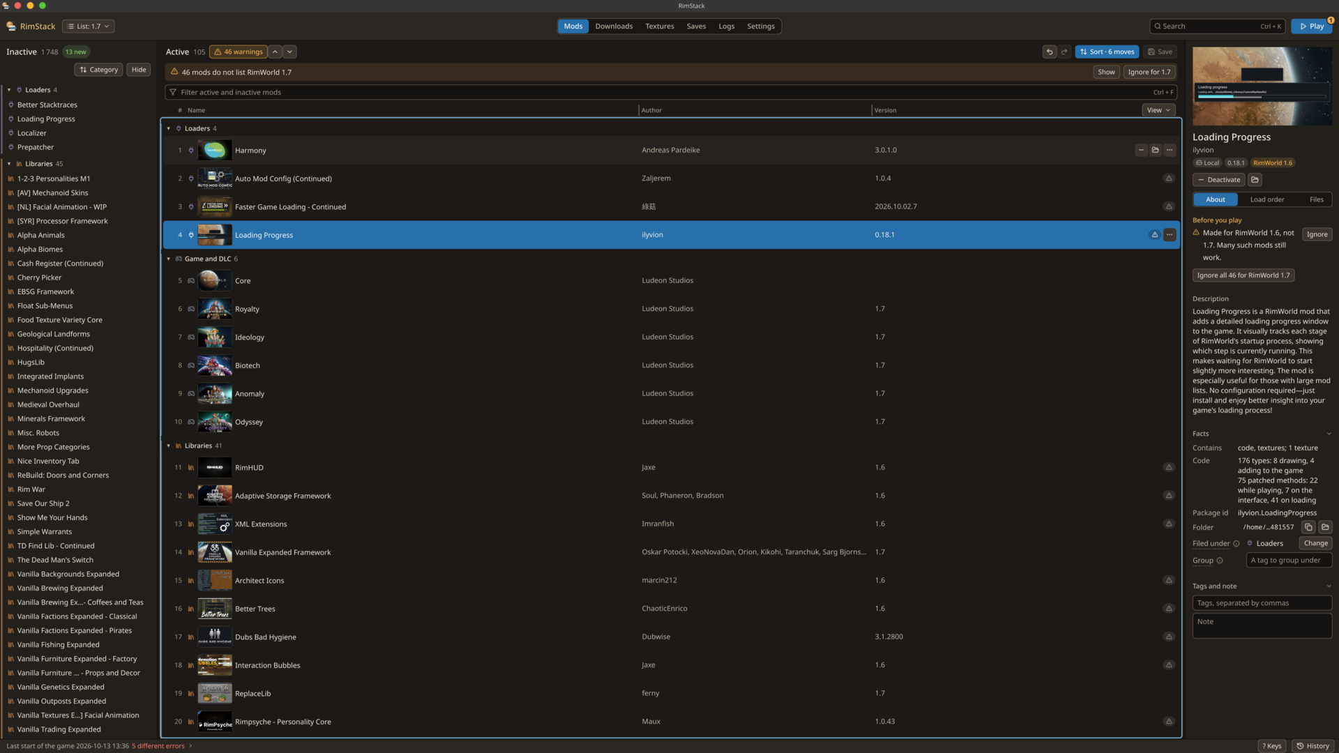 RimStack's Mods screen: the load order in categories, with Sort ready to move three mods