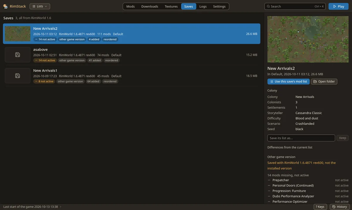 The Saves screen: three saves with their mod counts and differences, the selected one detailed on the right