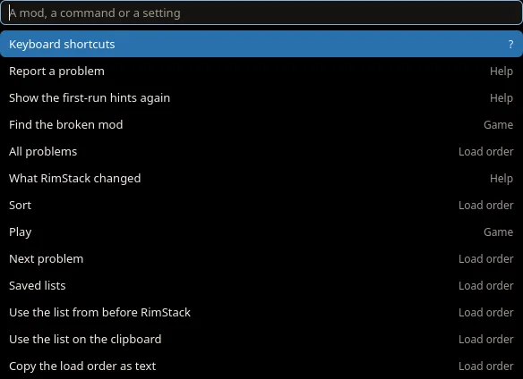 The search box listing commands, each with its group