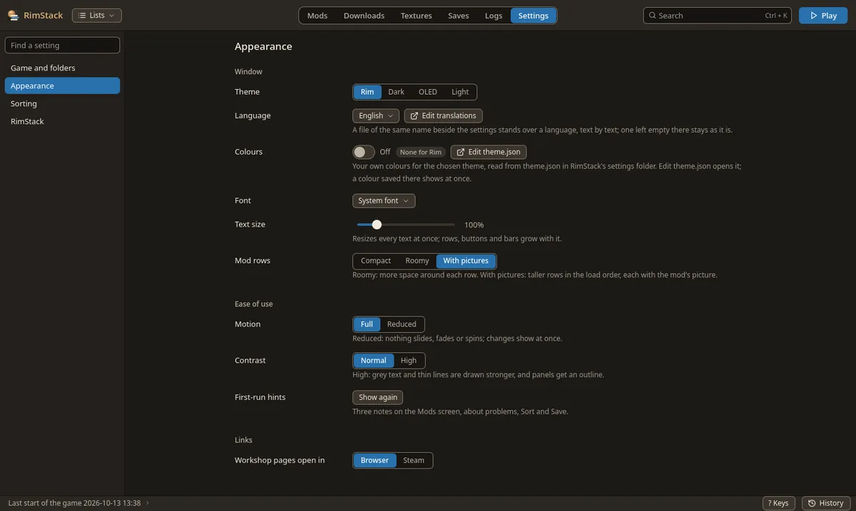 Settings, Appearance: theme, language, colours, font, text size, mod rows, motion, contrast, first-run hints and links