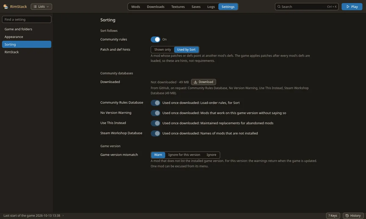 Settings, Sorting: community rules, patch and def hints, community databases and game version mismatch
