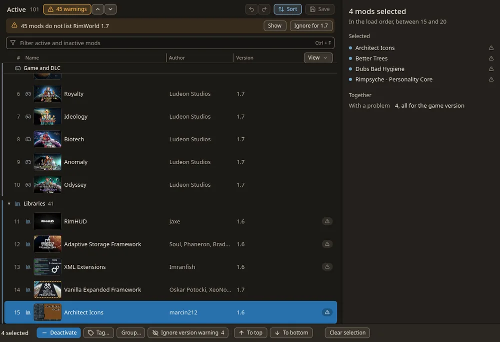 Four mods selected: the side shows them, and a bar below offers Deactivate, Tag, Group, Ignore version warning, To top and To bottom