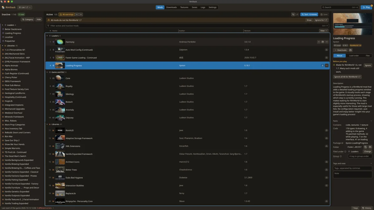 The Mods screen with Sort · 6 moves waiting above the load order