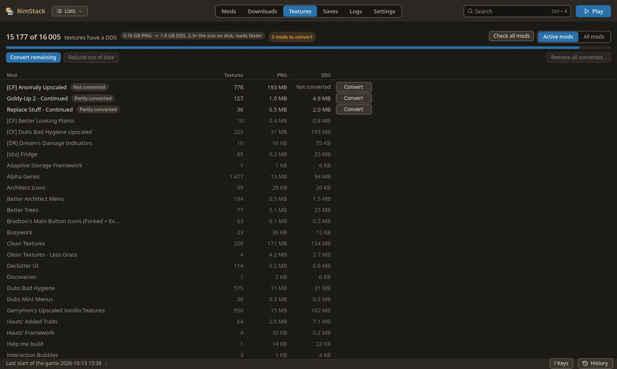 The Textures screen: 15 177 of 16 005 textures have a DDS, three mods to convert, a table of mods with texture counts and sizes